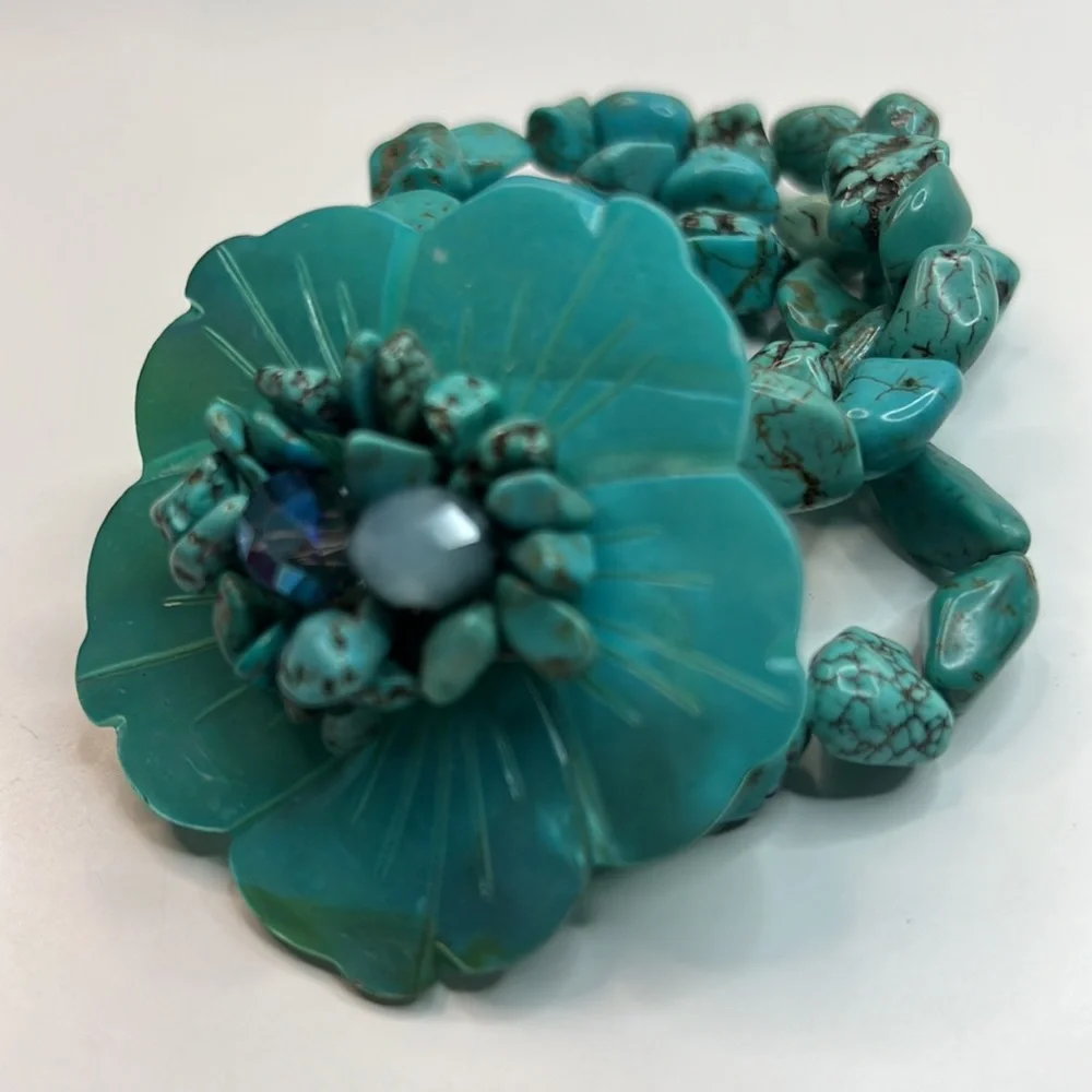 Hand Beaded Turquoise 3-Strand Floral Bracelet